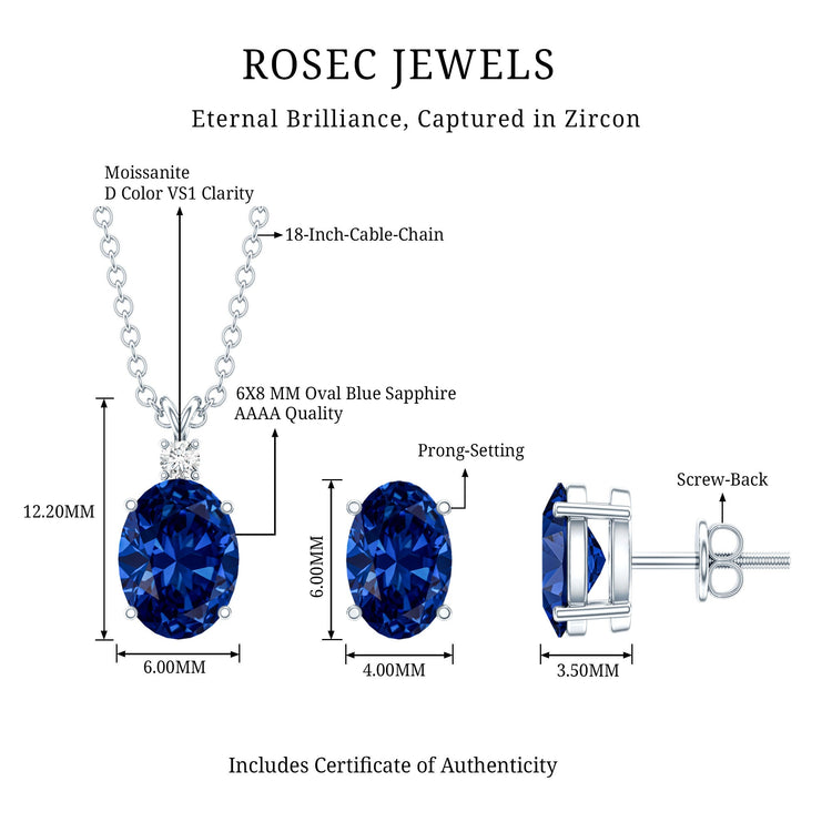 Lab Grown Blue Sapphire Solitaire Jewelry Set with Moissanite Rosec Jewels