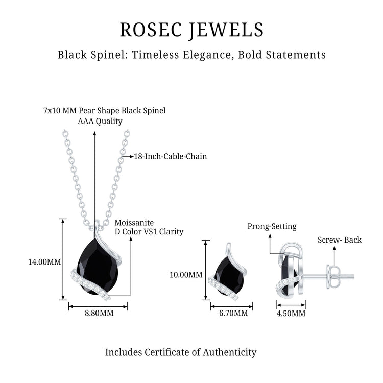 Pear Shaped Black Spinel and Moissanite Teardrop Necklace Earrings Set Rosec Jewels