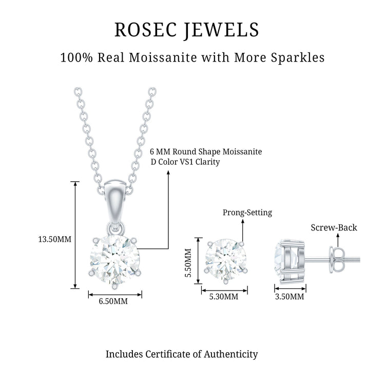 Certified Round Shape Moissanite Solitaire Jewelry Set Rosec Jewels