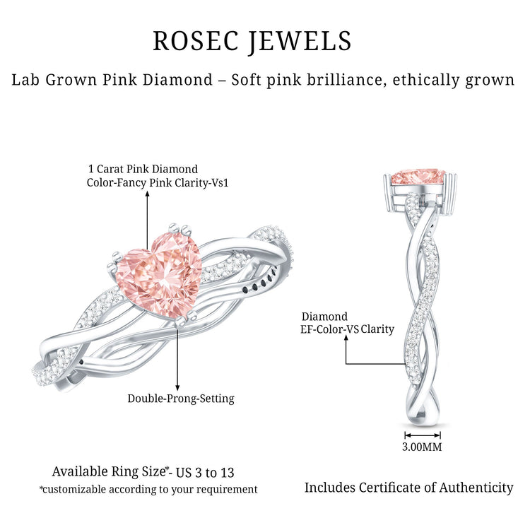 1 CT Lab Grown Pink Diamond Heart Engagement Ring with Crossover Shank Rosec Jewels