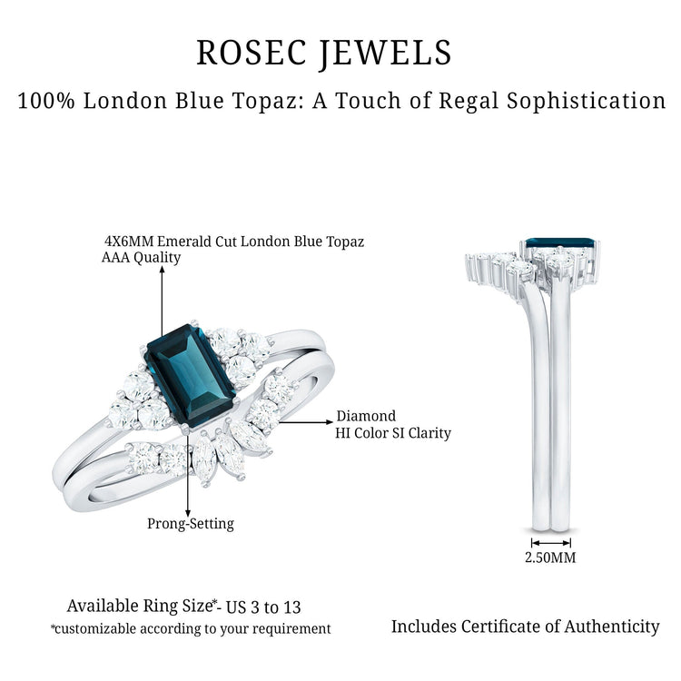 0.7 Carat Emerald Cut London Blue Topaz Designer Bridal Ring Set with Diamond Rosec Jewels