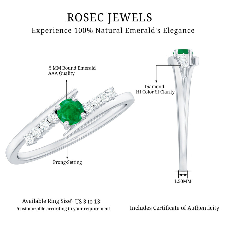 Real Emerald and Diamond Promise Ring with Bypass Shank Rosec Jewels