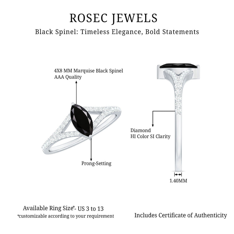 Minimal Black Spinel Marquise Engagement Ring with Diamond Split Shank Rosec Jewels