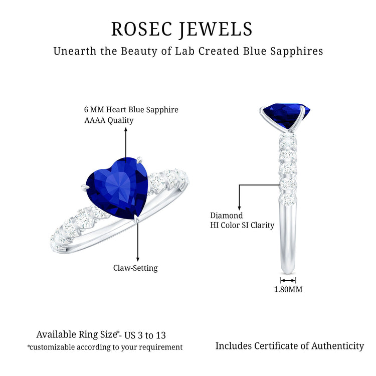 Certified 0.9 Carat Lab Created Blue Sapphire Heart Engagement Ring with Diamond Rosec Jewels