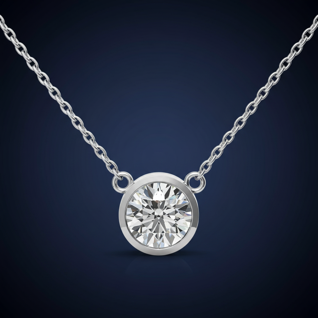 Round brilliant solitaire pendant necklace on a dark background showing sharp facet sparkle