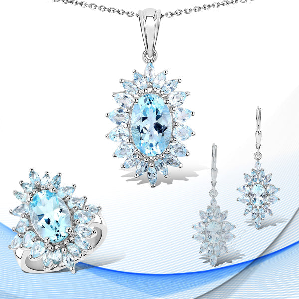 19.18 Carat Genuine Blue Topaz .925 Sterling Silver 3 Piece Jewelry Set (Ring, Earrings, and Pendant w/ Chain) Bids.com