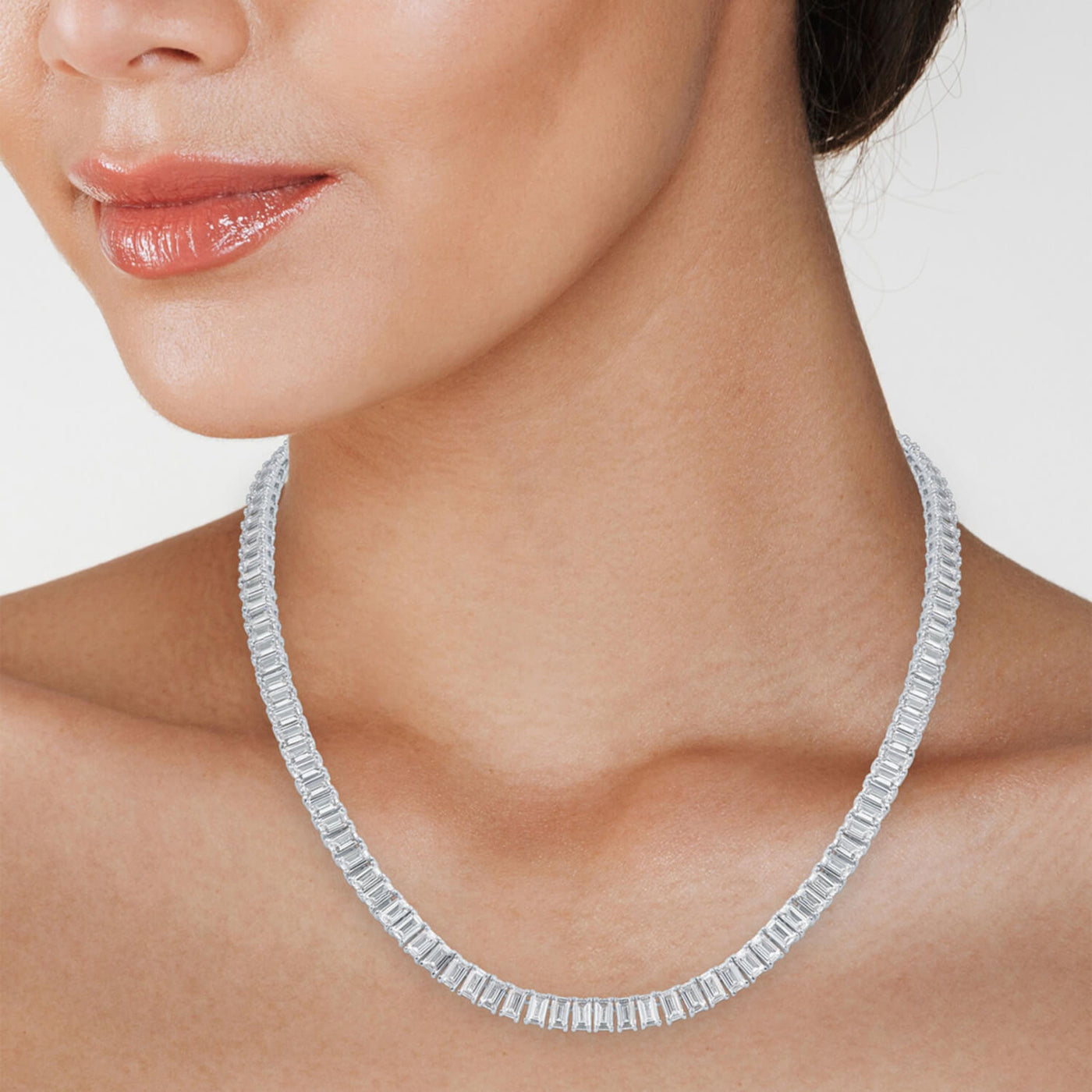 18" Emerald-Cut Created Moissanite Tennis Necklace in 14K Gold Overlay – 30 CTW VossAgin
