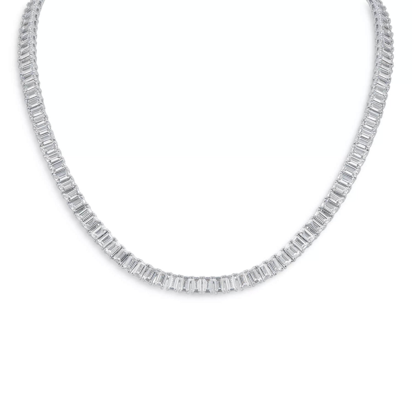 18" Emerald-Cut Created Moissanite Tennis Necklace in 14K Gold Overlay – 30 CTW VossAgin