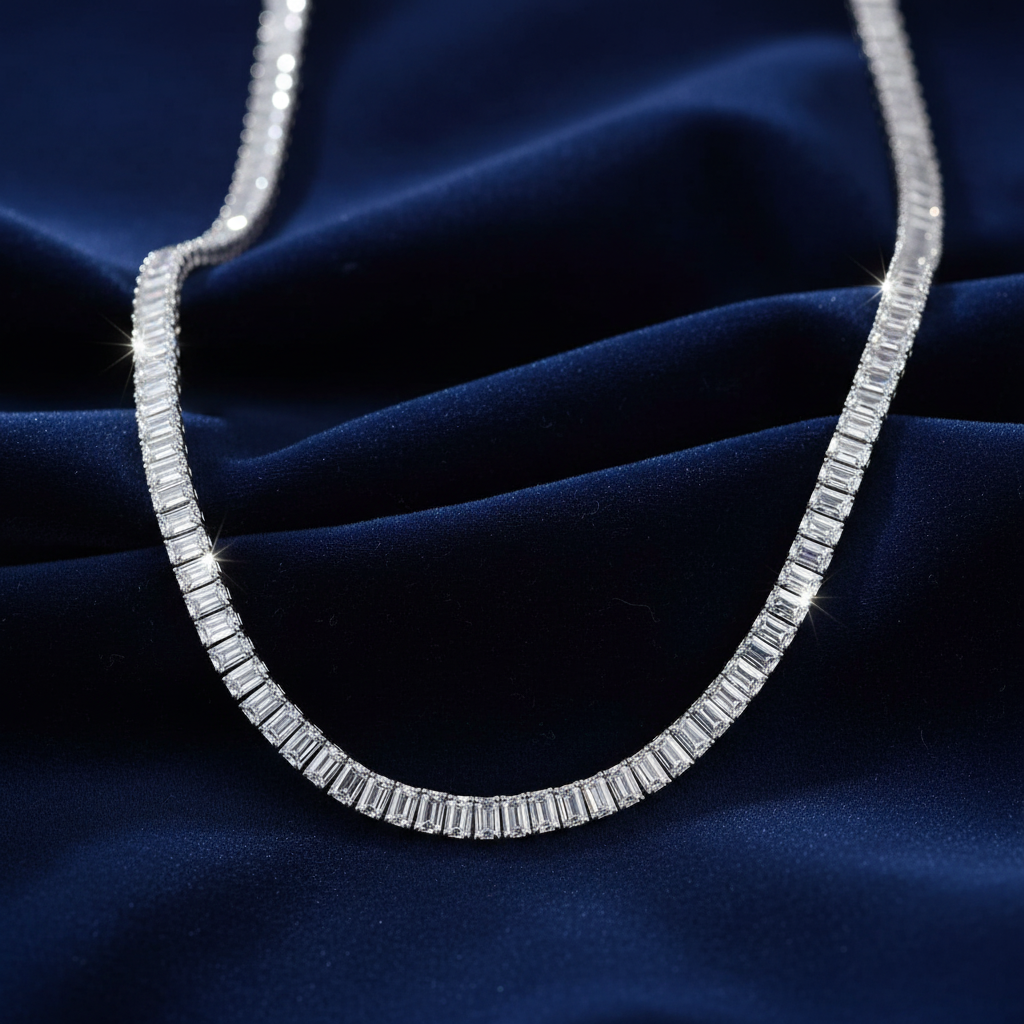18" Emerald-Cut Created Moissanite Tennis Necklace in 14K Gold Overlay – 30 CTW VossAgin