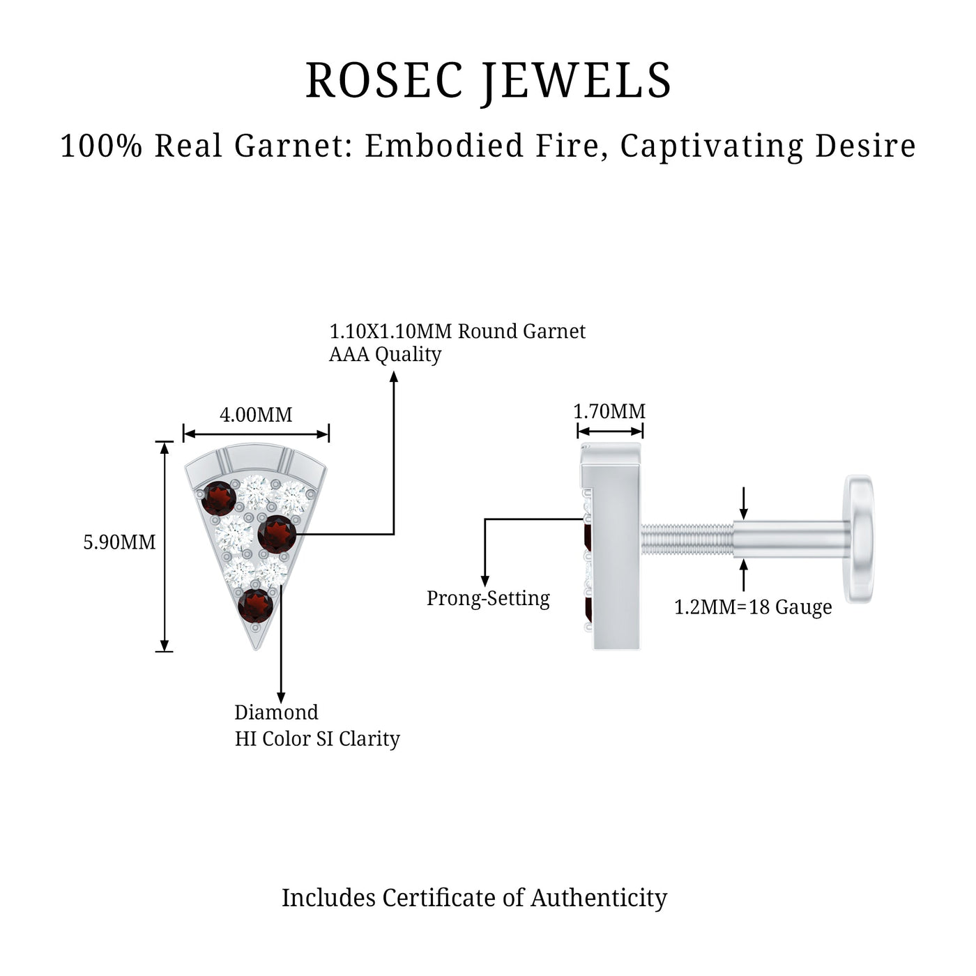 Round Cut Garnet and Diamond Pizza Slice Helix Earring Rosec Jewels