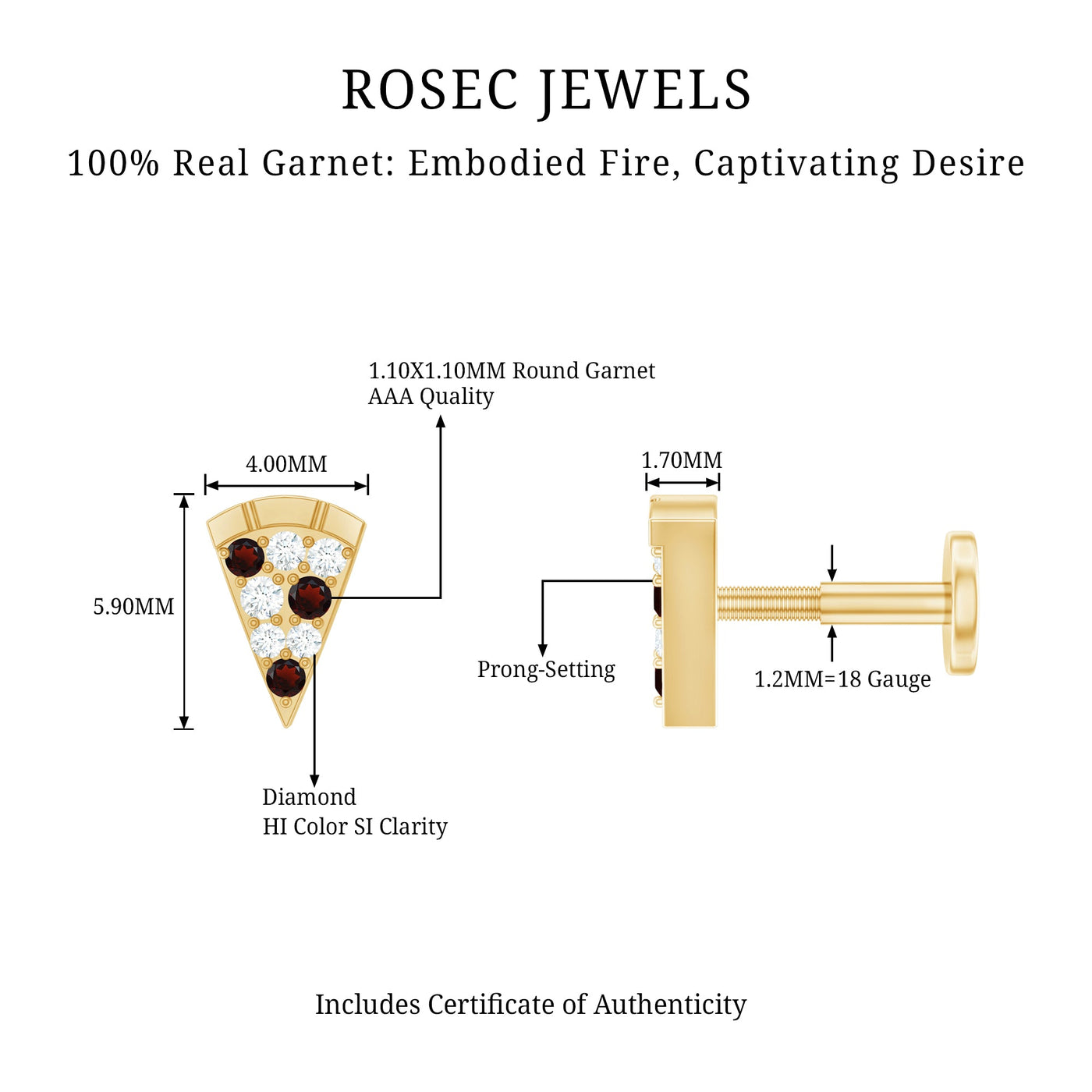 Round Cut Garnet and Diamond Pizza Slice Helix Earring Rosec Jewels