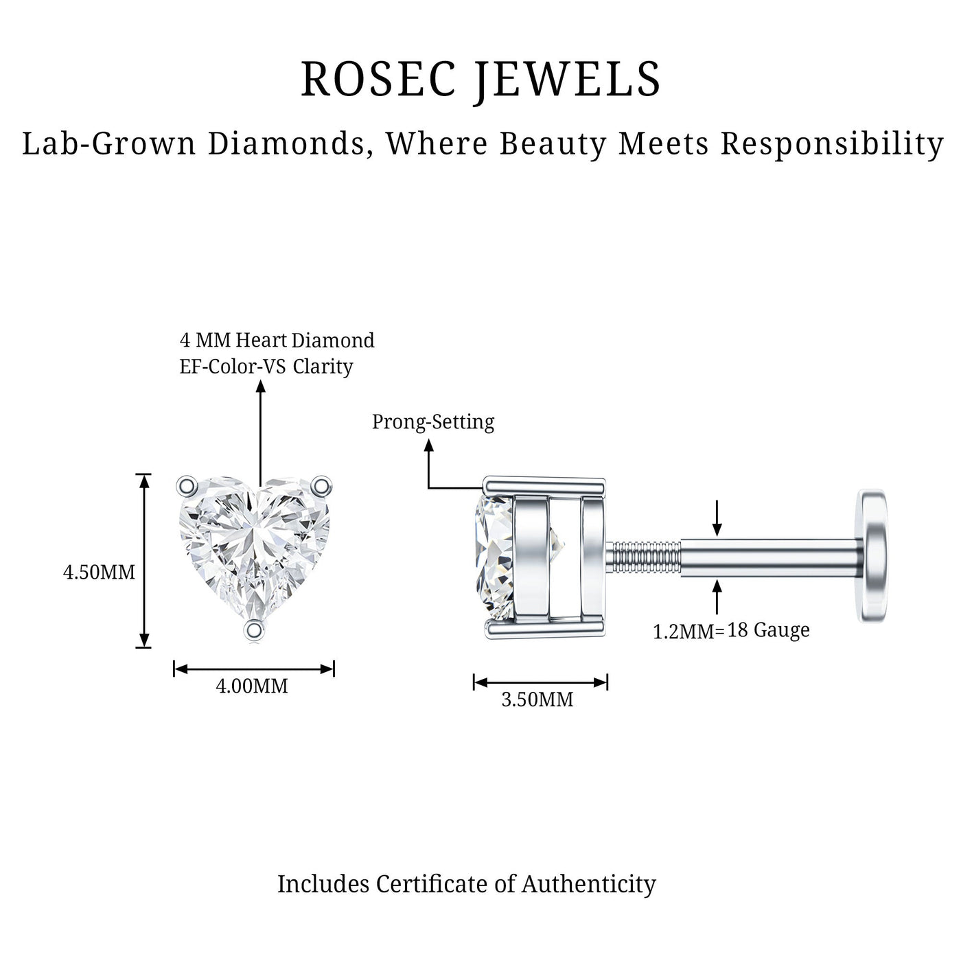 Solitaire Diamond Heart Earring with Flat Back Rosec Jewels