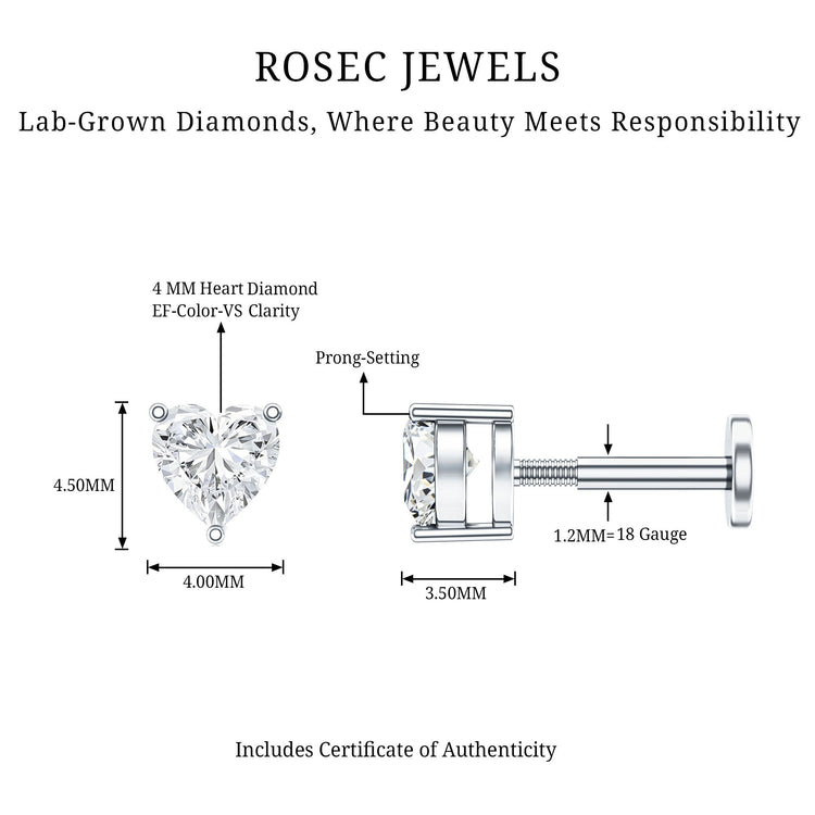 Solitaire Diamond Heart Earring with Flat Back Rosec Jewels