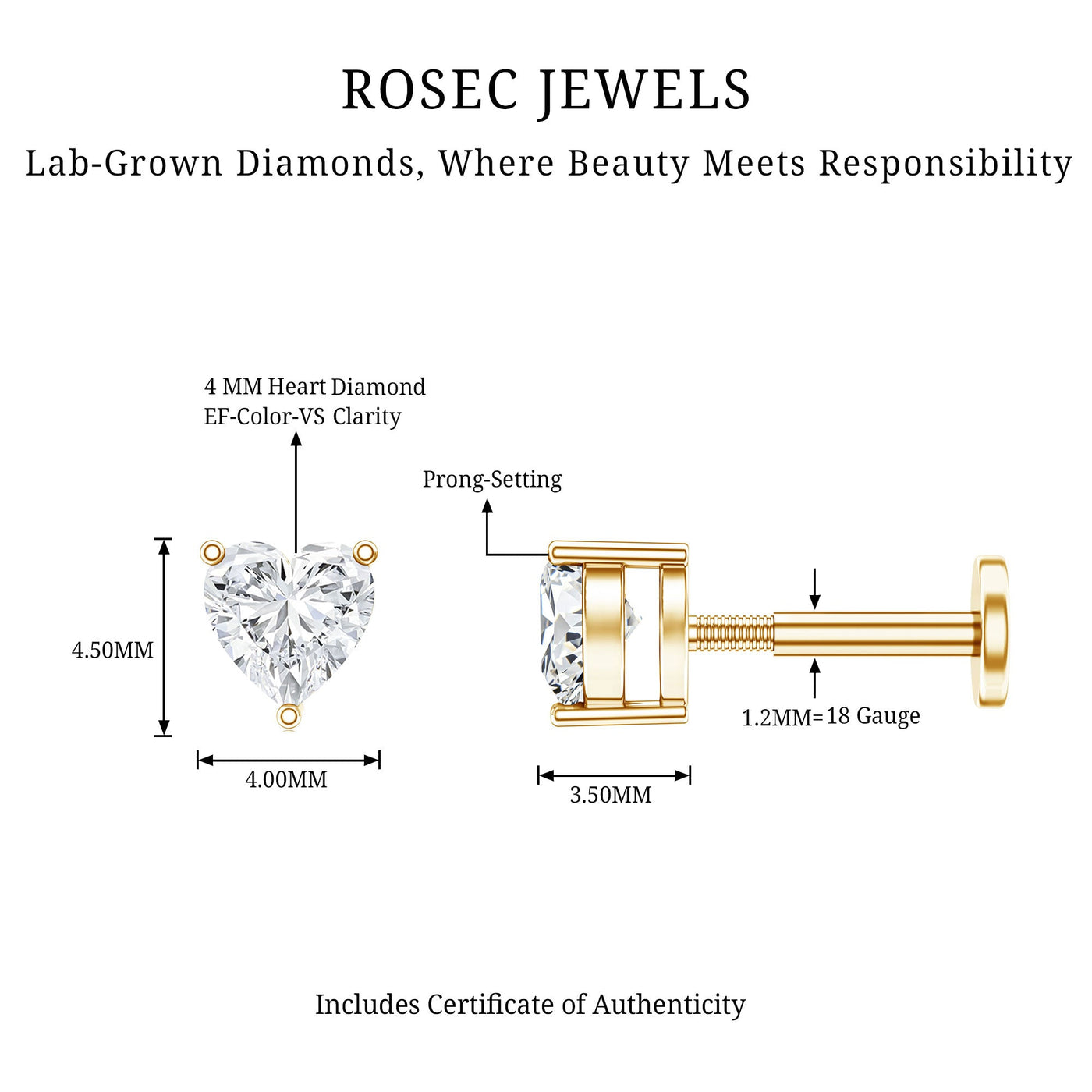 Solitaire Diamond Heart Earring with Flat Back Rosec Jewels