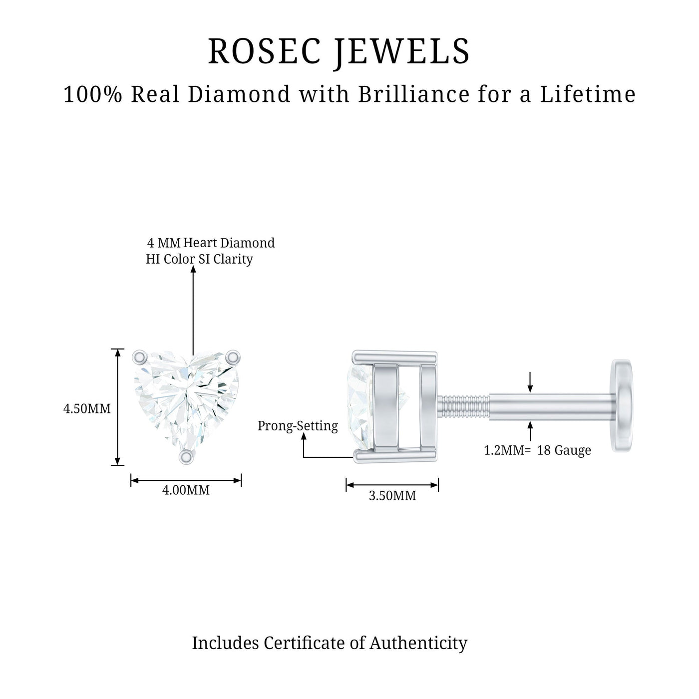 Solitaire Diamond Heart Earring with Flat Back Rosec Jewels