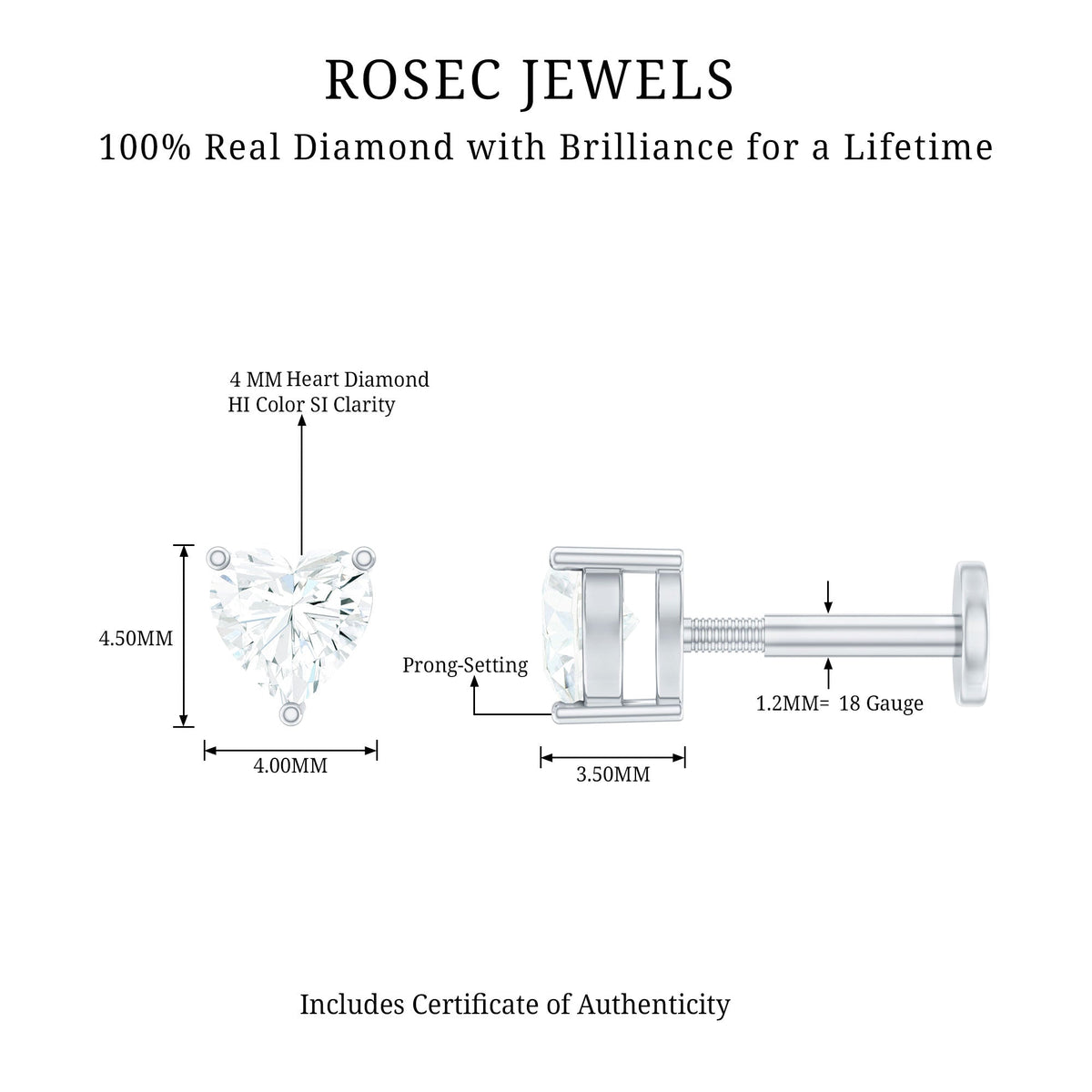 Solitaire Diamond Heart Earring with Flat Back Rosec Jewels