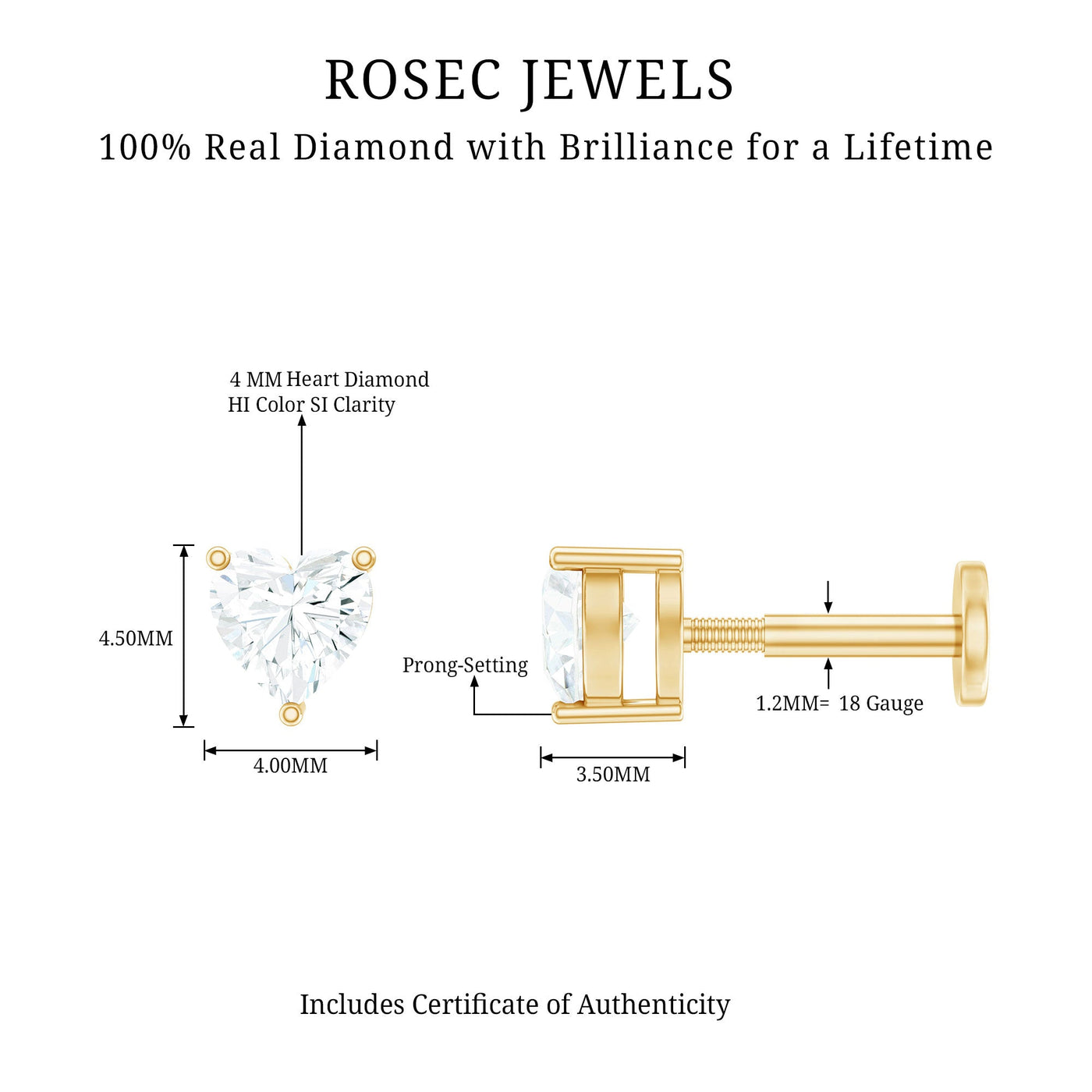 Solitaire Diamond Heart Earring with Flat Back Rosec Jewels
