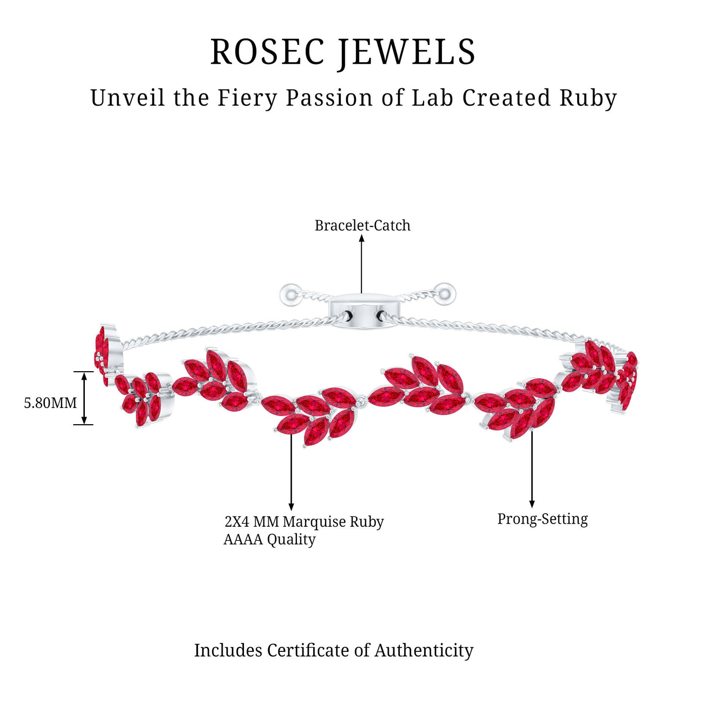Marquise Lab Grown Ruby Leaf Bolo Bracelet Rosec Jewels