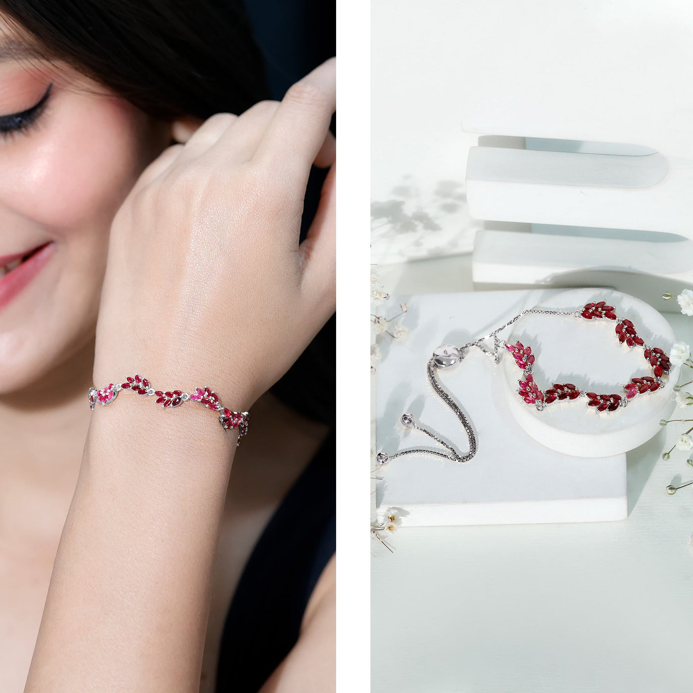 Marquise Lab Grown Ruby Leaf Bolo Bracelet Rosec Jewels
