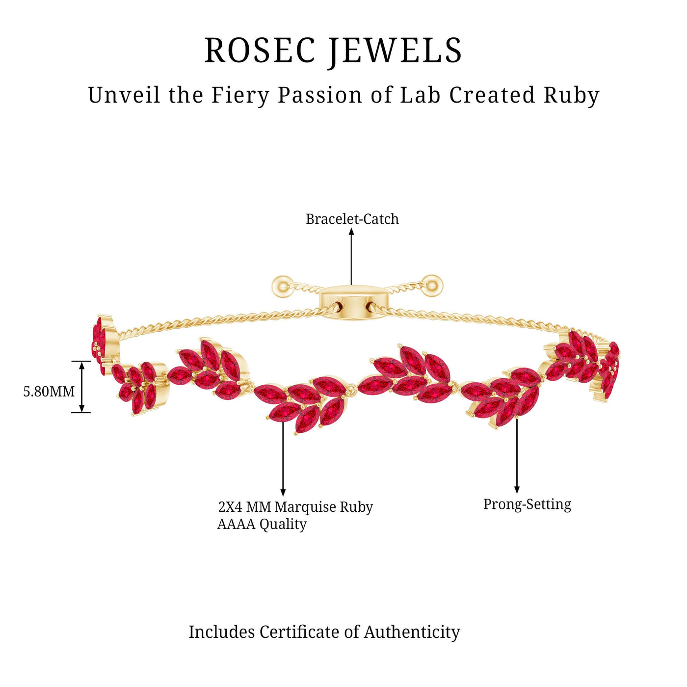 Marquise Lab Grown Ruby Leaf Bolo Bracelet Rosec Jewels