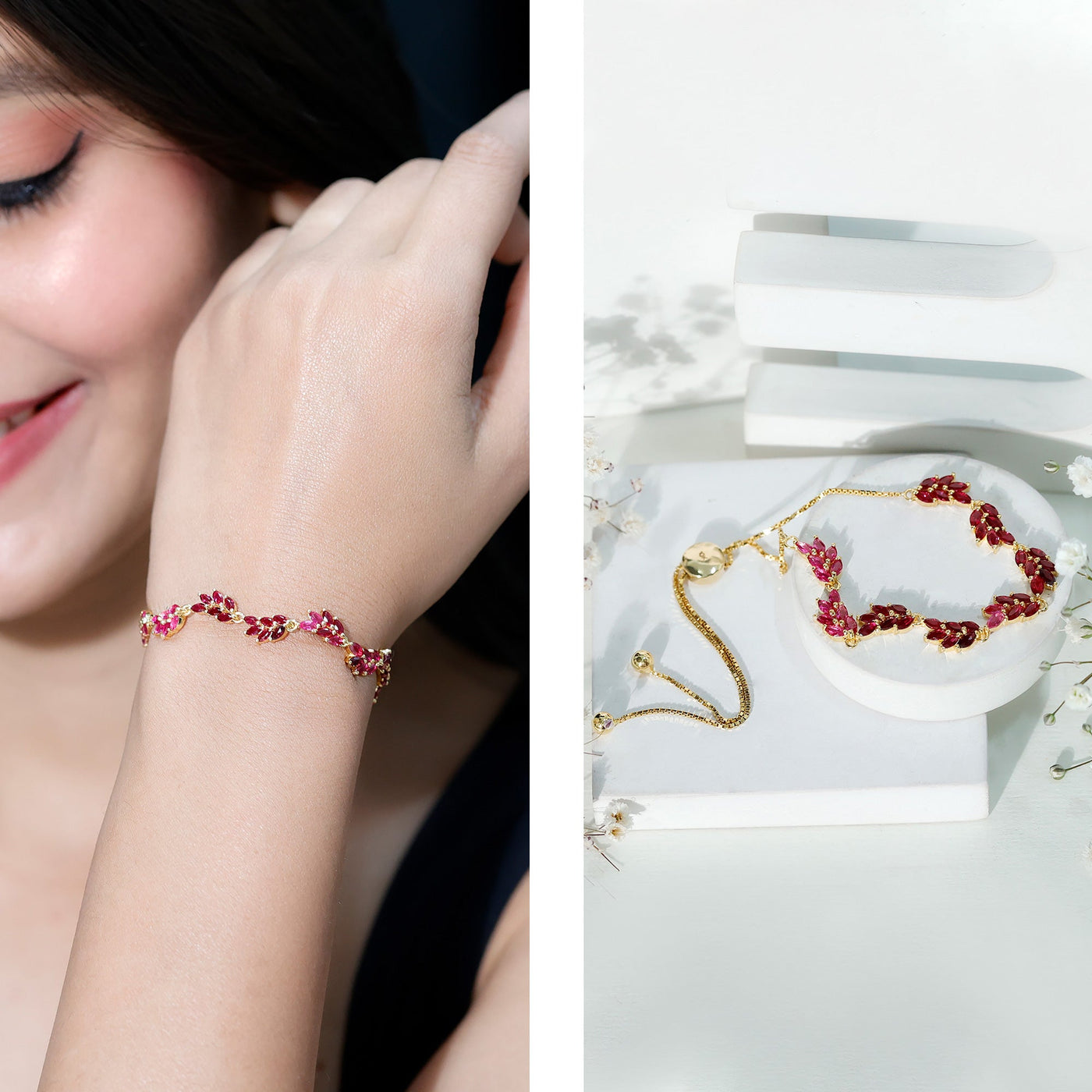 Marquise Lab Grown Ruby Leaf Bolo Bracelet Rosec Jewels