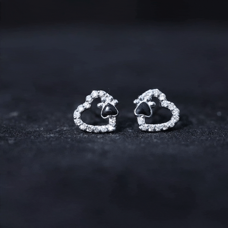 Moissanite Heart and Paw Stud Earrings with Enamel Rosec Jewels