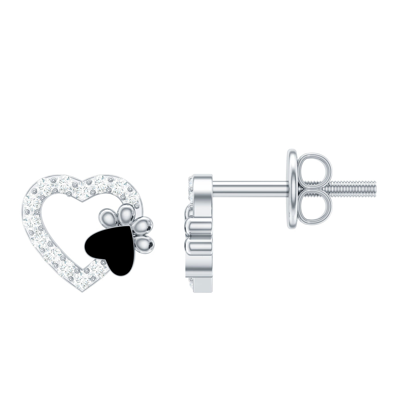 Moissanite Heart and Paw Stud Earrings with Enamel Rosec Jewels