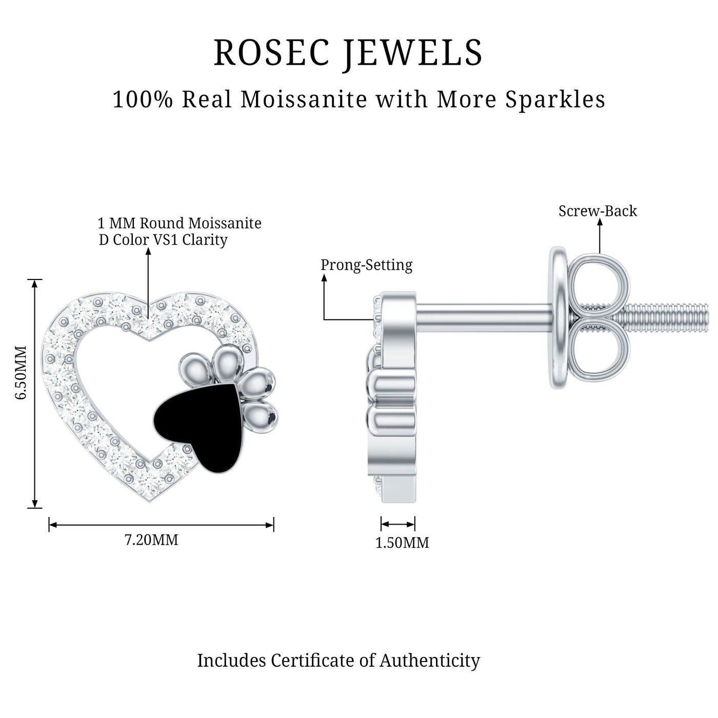 Moissanite Heart and Paw Stud Earrings with Enamel Rosec Jewels