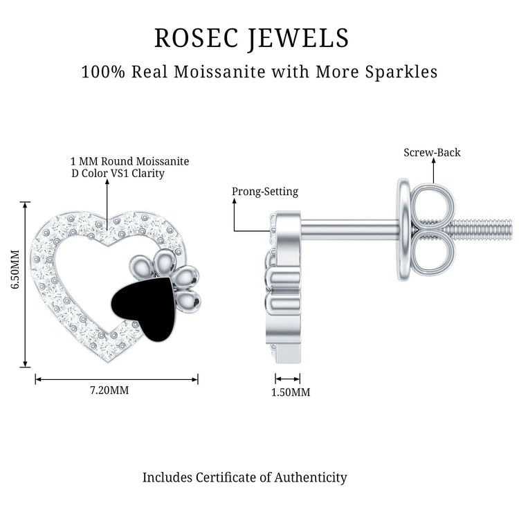 Moissanite Heart and Paw Stud Earrings with Enamel Rosec Jewels