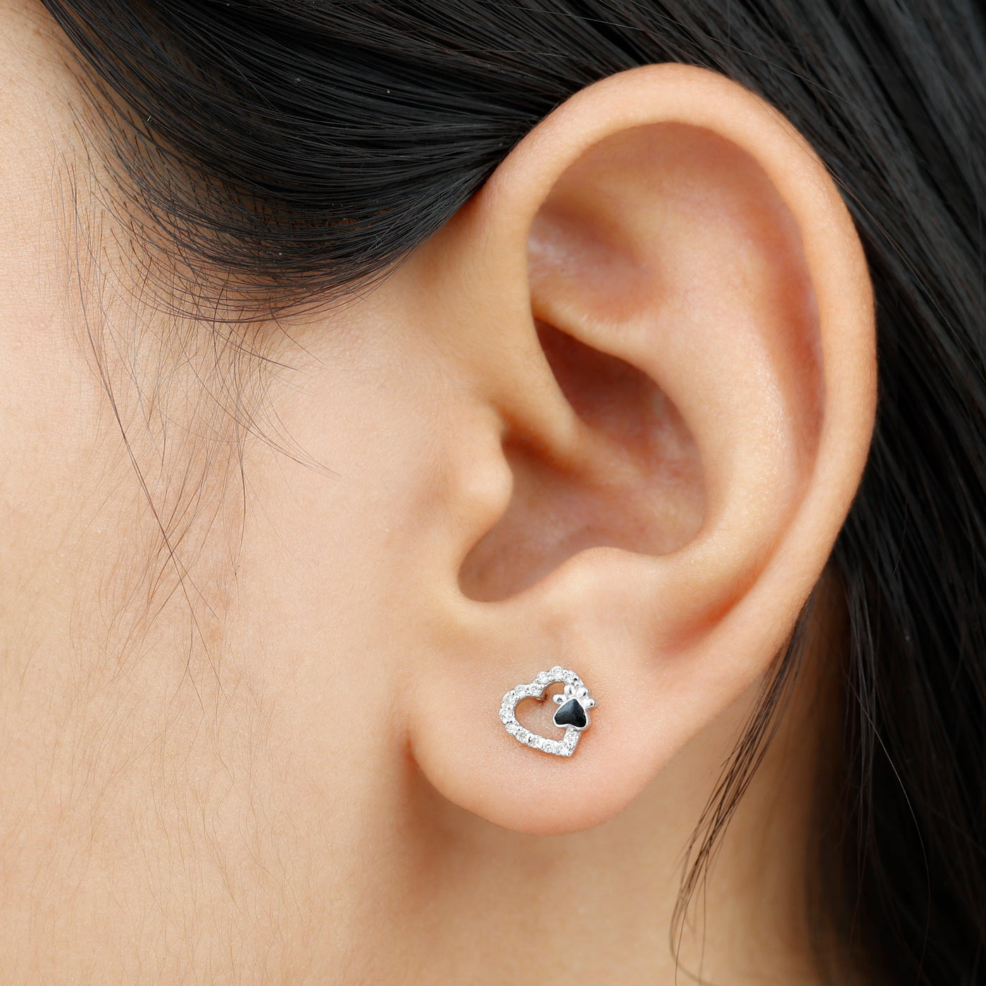 Moissanite Heart and Paw Stud Earrings with Enamel Rosec Jewels