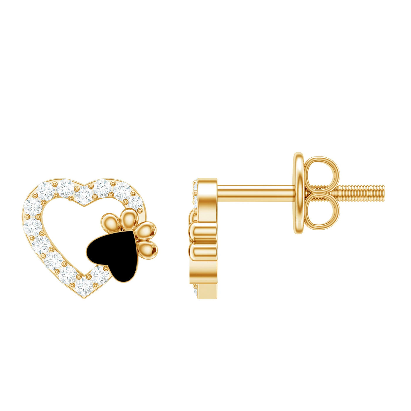Moissanite Heart and Paw Stud Earrings with Enamel Rosec Jewels