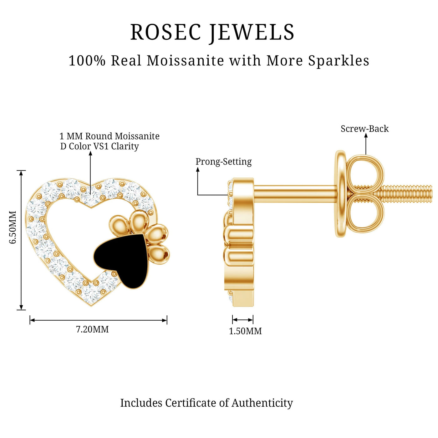 Moissanite Heart and Paw Stud Earrings with Enamel Rosec Jewels