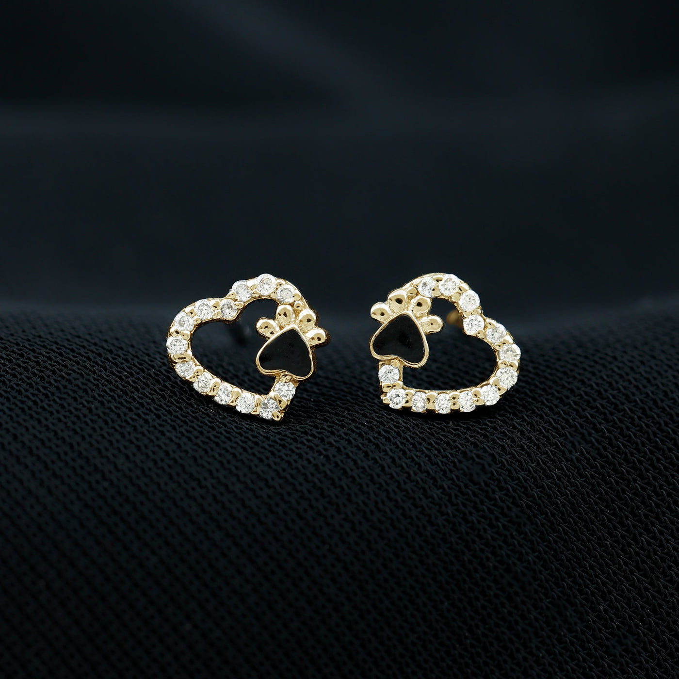 Moissanite Heart and Paw Stud Earrings with Enamel Rosec Jewels