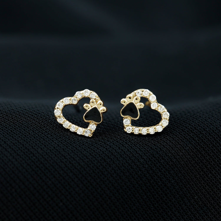 Moissanite Heart and Paw Stud Earrings with Enamel Rosec Jewels