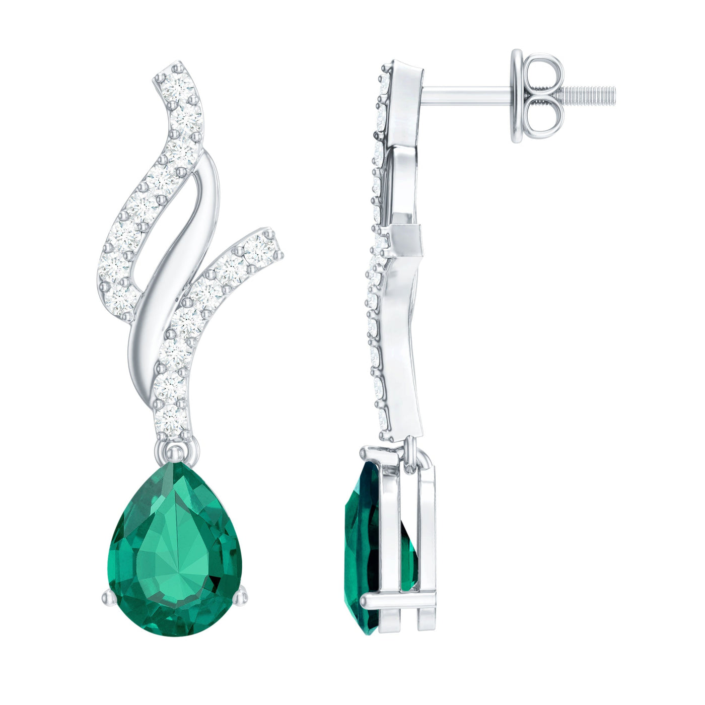 Vintage Lab Grown Emerald Teardrop Earrings with Diamond Accent Rosec Jewels