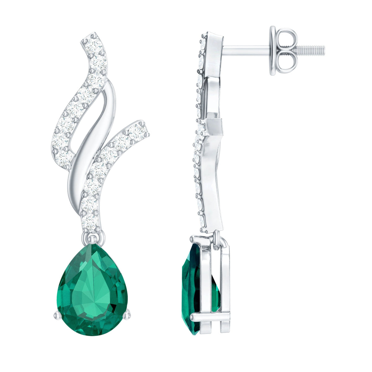 Vintage Lab Grown Emerald Teardrop Earrings with Diamond Accent Rosec Jewels