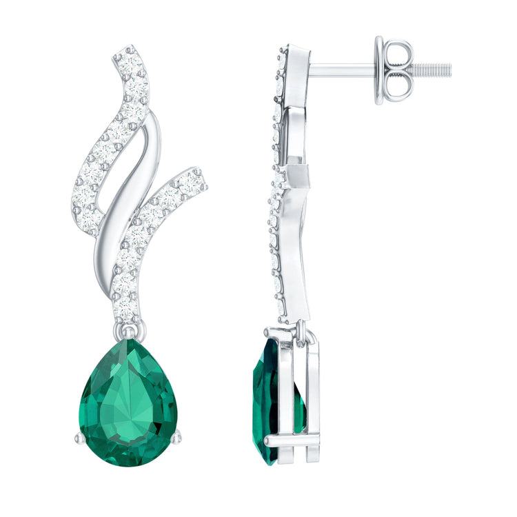 Vintage Lab Grown Emerald Teardrop Earrings with Diamond Accent Rosec Jewels