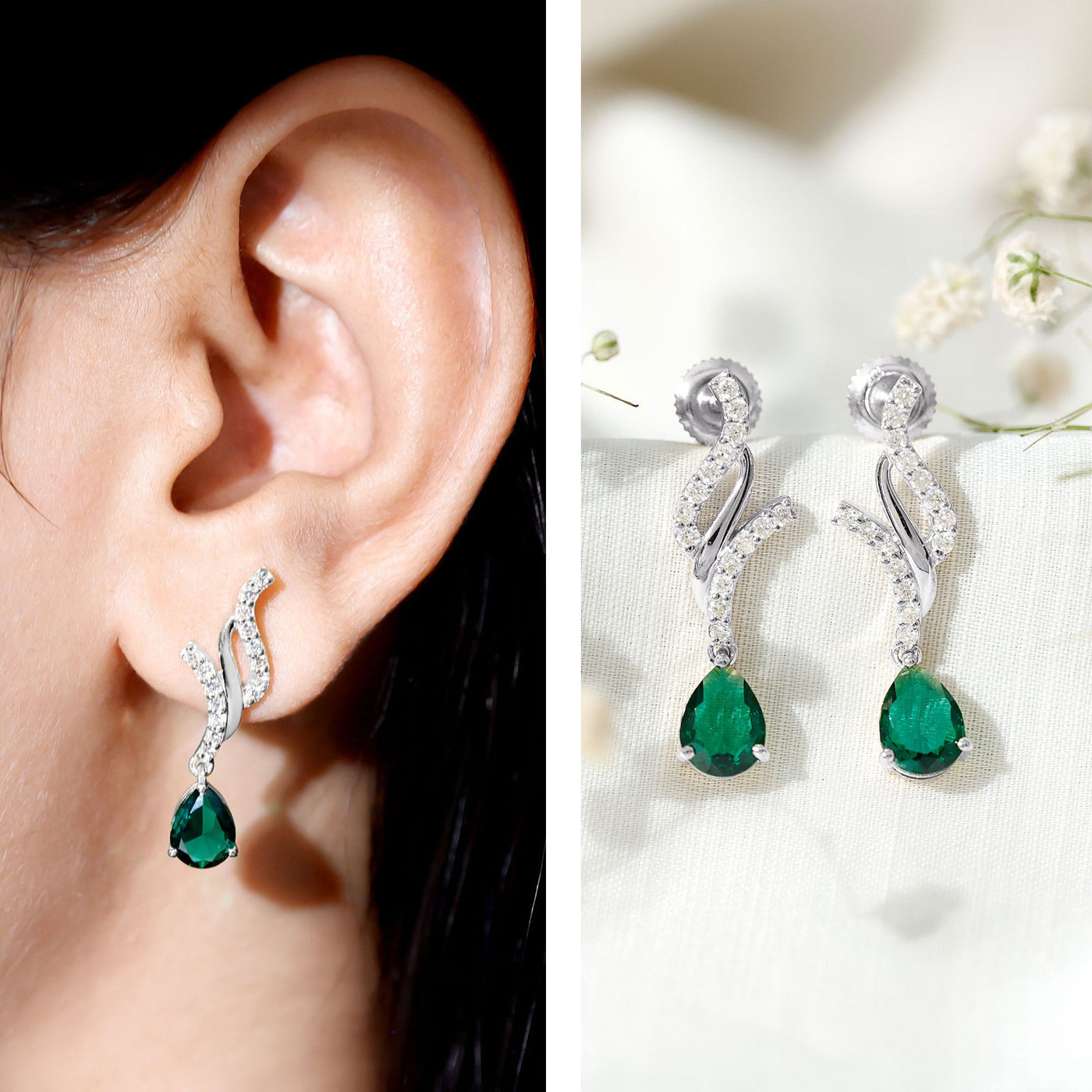 Vintage Lab Grown Emerald Teardrop Earrings with Diamond Accent Rosec Jewels