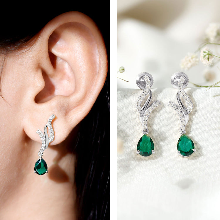 Vintage Lab Grown Emerald Teardrop Earrings with Diamond Accent Rosec Jewels