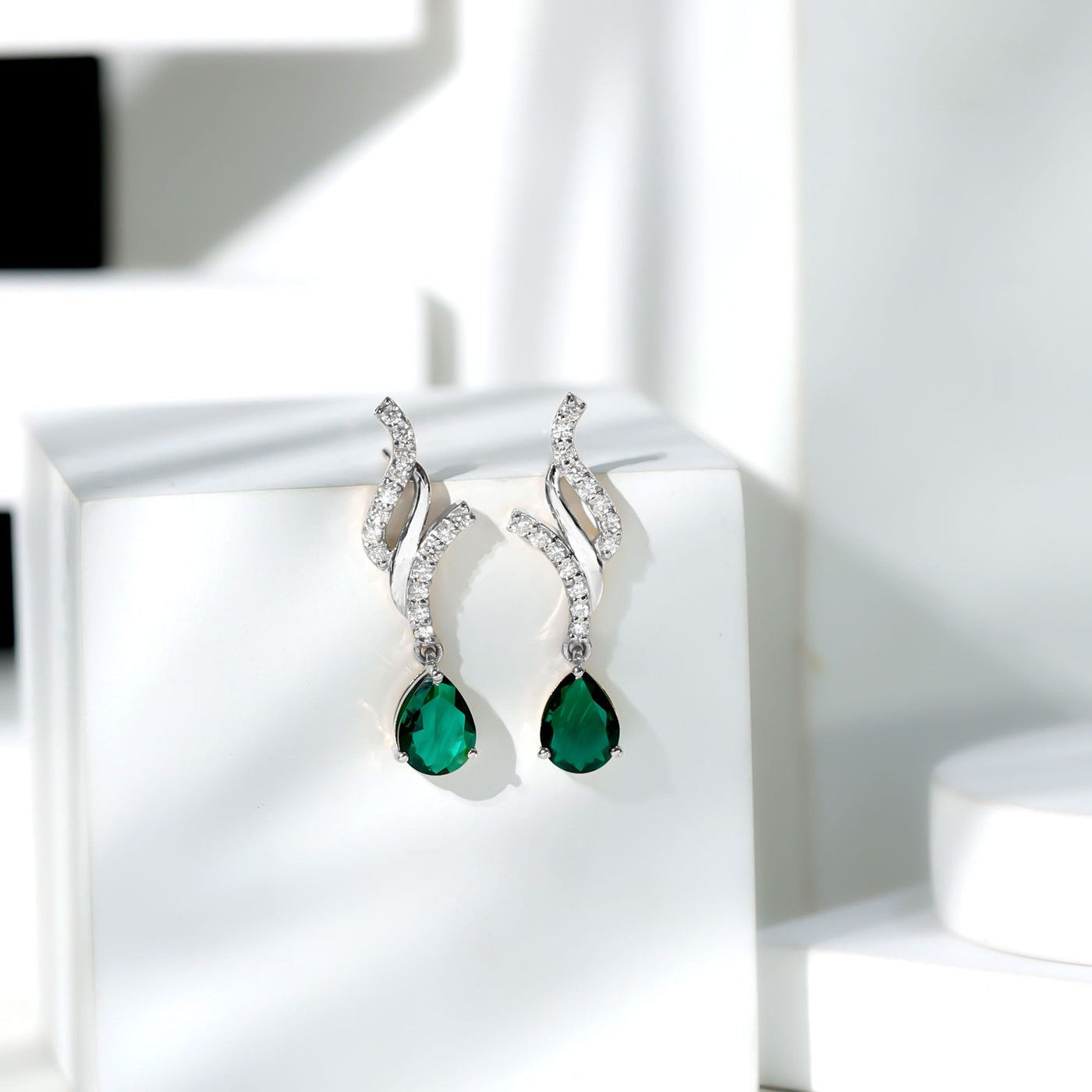 Vintage Lab Grown Emerald Teardrop Earrings with Diamond Accent Rosec Jewels