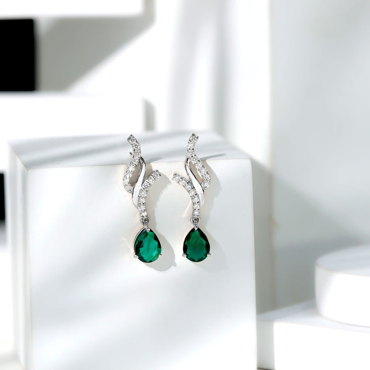 Vintage Lab Grown Emerald Teardrop Earrings with Diamond Accent Rosec Jewels