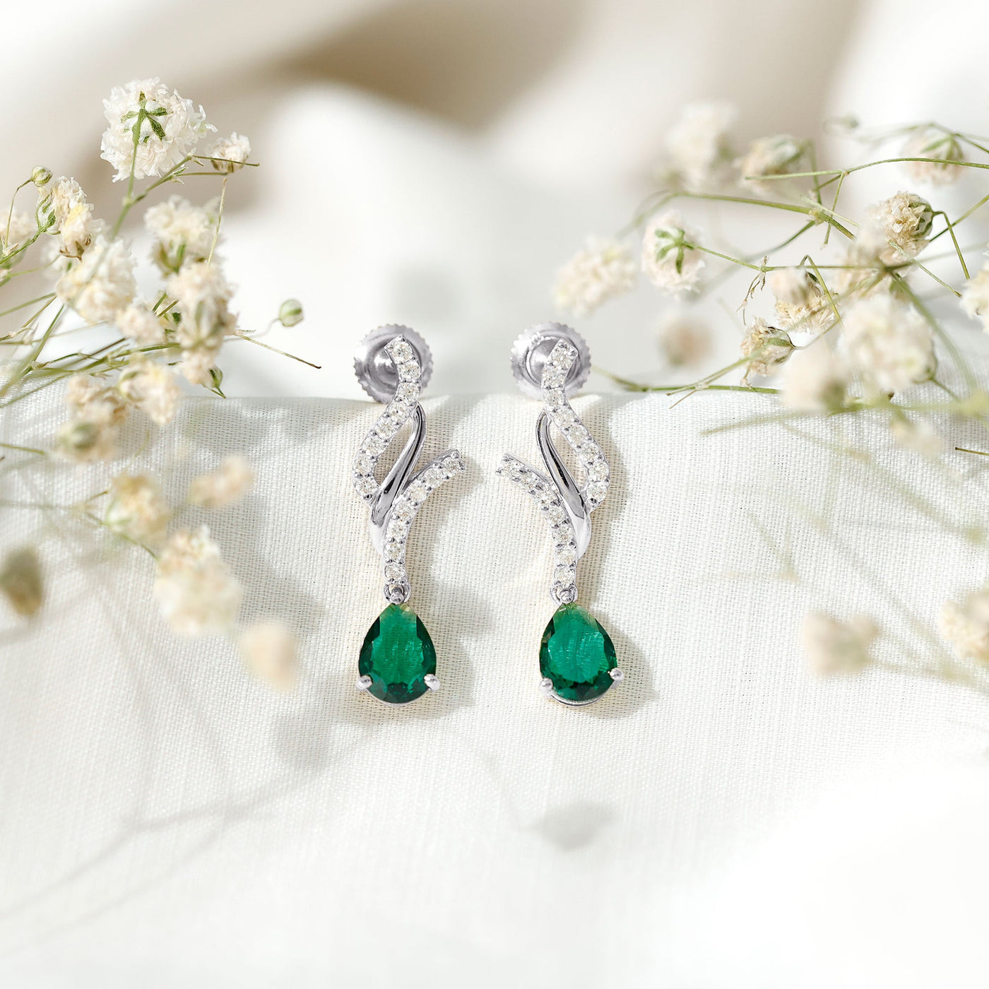 Vintage Lab Grown Emerald Teardrop Earrings with Diamond Accent Rosec Jewels
