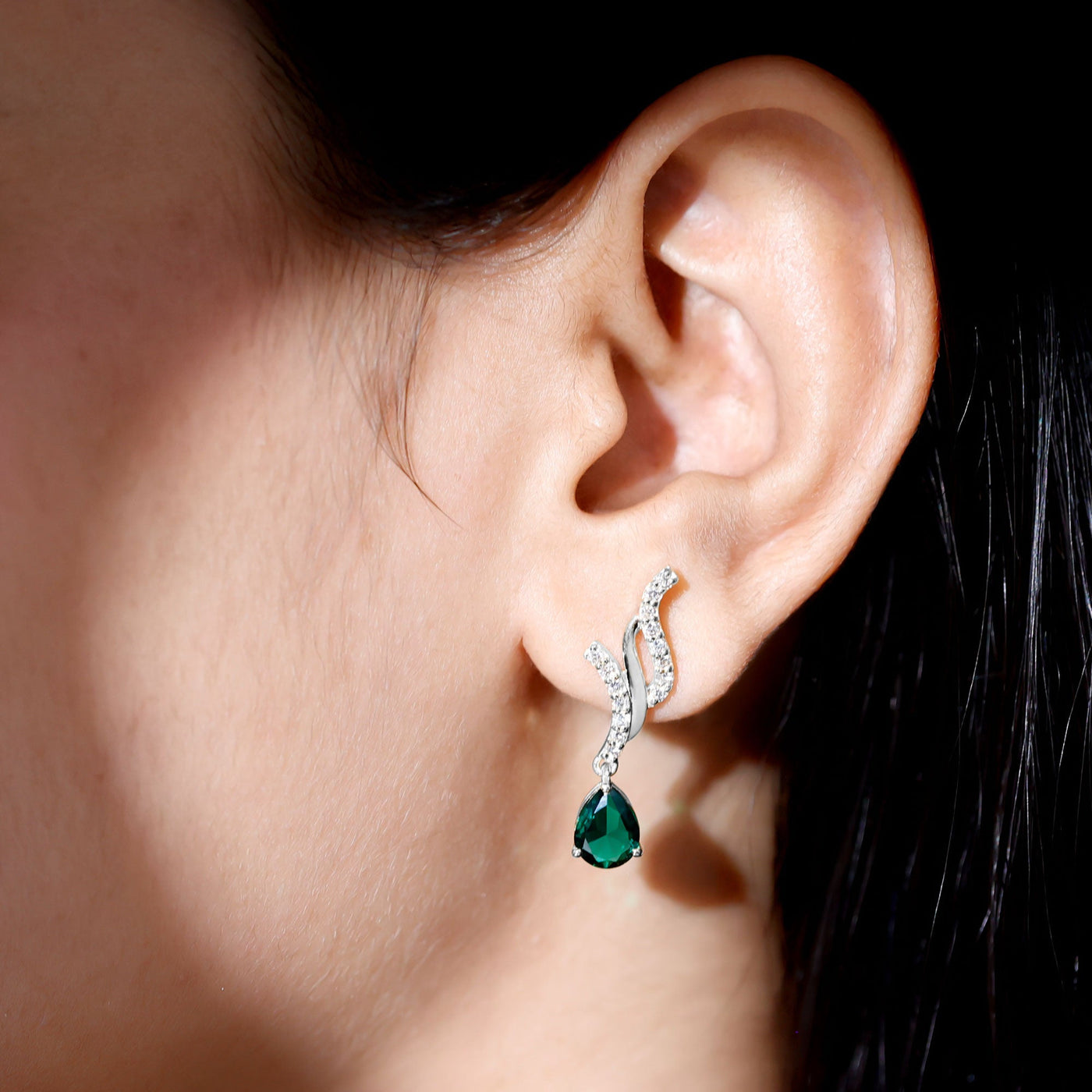Vintage Lab Grown Emerald Teardrop Earrings with Diamond Accent Rosec Jewels