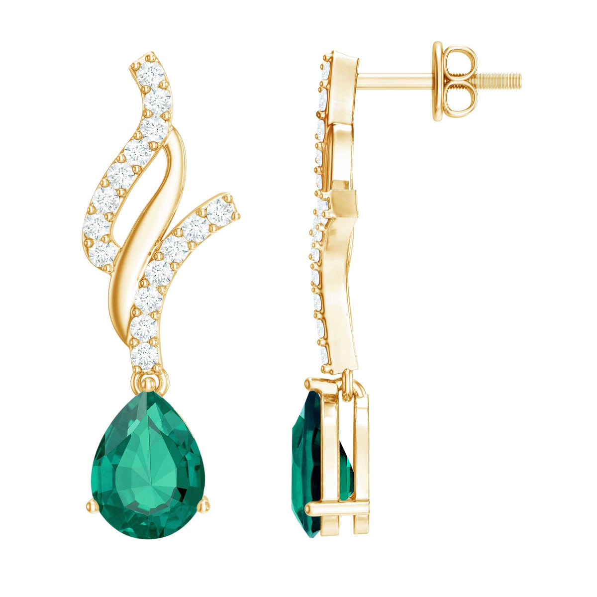 Vintage Lab Grown Emerald Teardrop Earrings with Diamond Accent Rosec Jewels