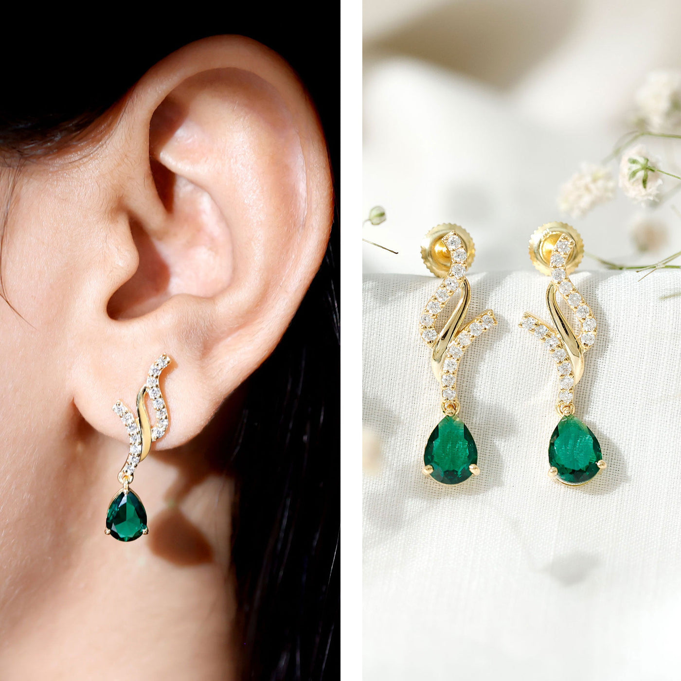Vintage Lab Grown Emerald Teardrop Earrings with Diamond Accent Rosec Jewels