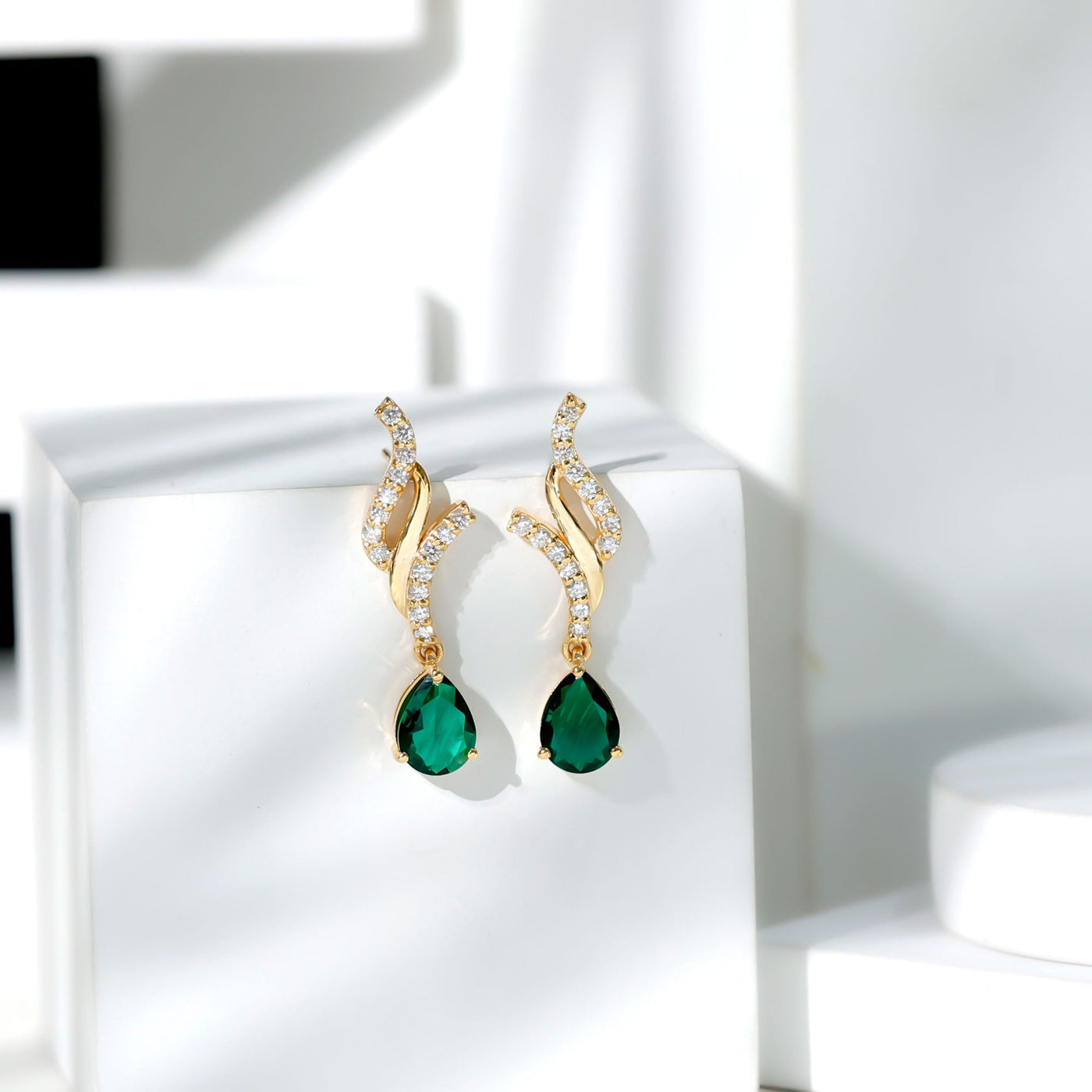 Vintage Lab Grown Emerald Teardrop Earrings with Diamond Accent Rosec Jewels