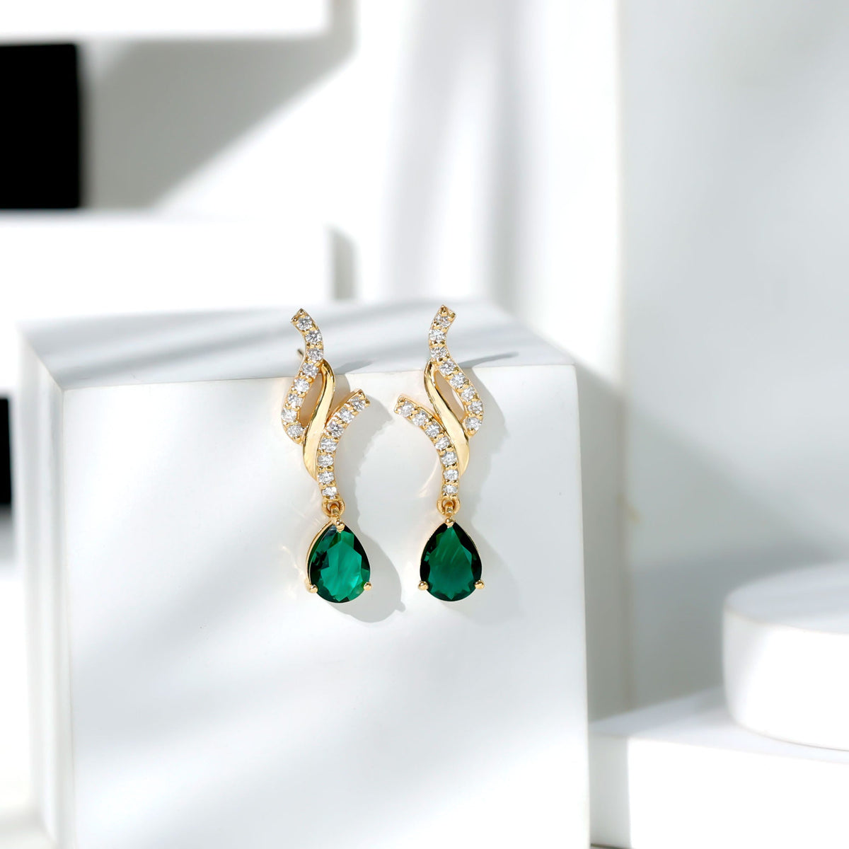 Vintage Lab Grown Emerald Teardrop Earrings with Diamond Accent Rosec Jewels