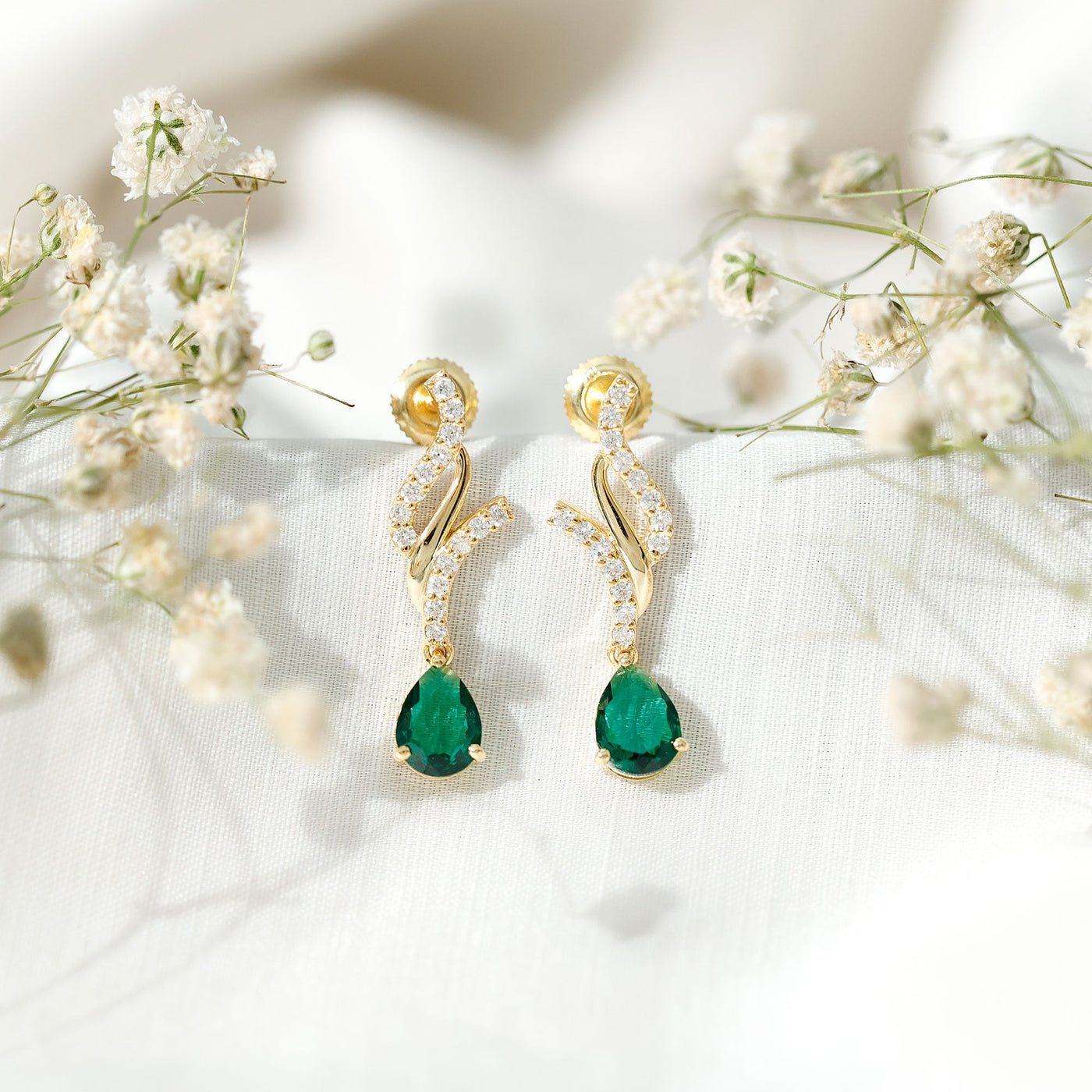 Vintage Lab Grown Emerald Teardrop Earrings with Diamond Accent Rosec Jewels