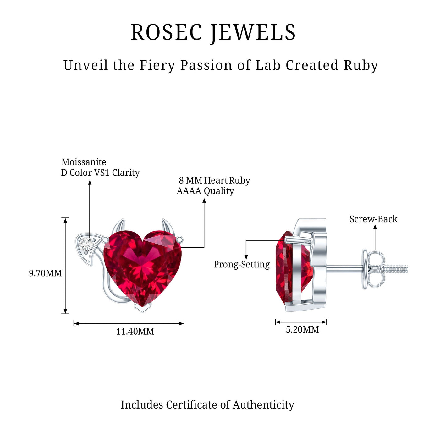 Certified Lab Grown Ruby Devil Heart Earrings Rosec Jewels