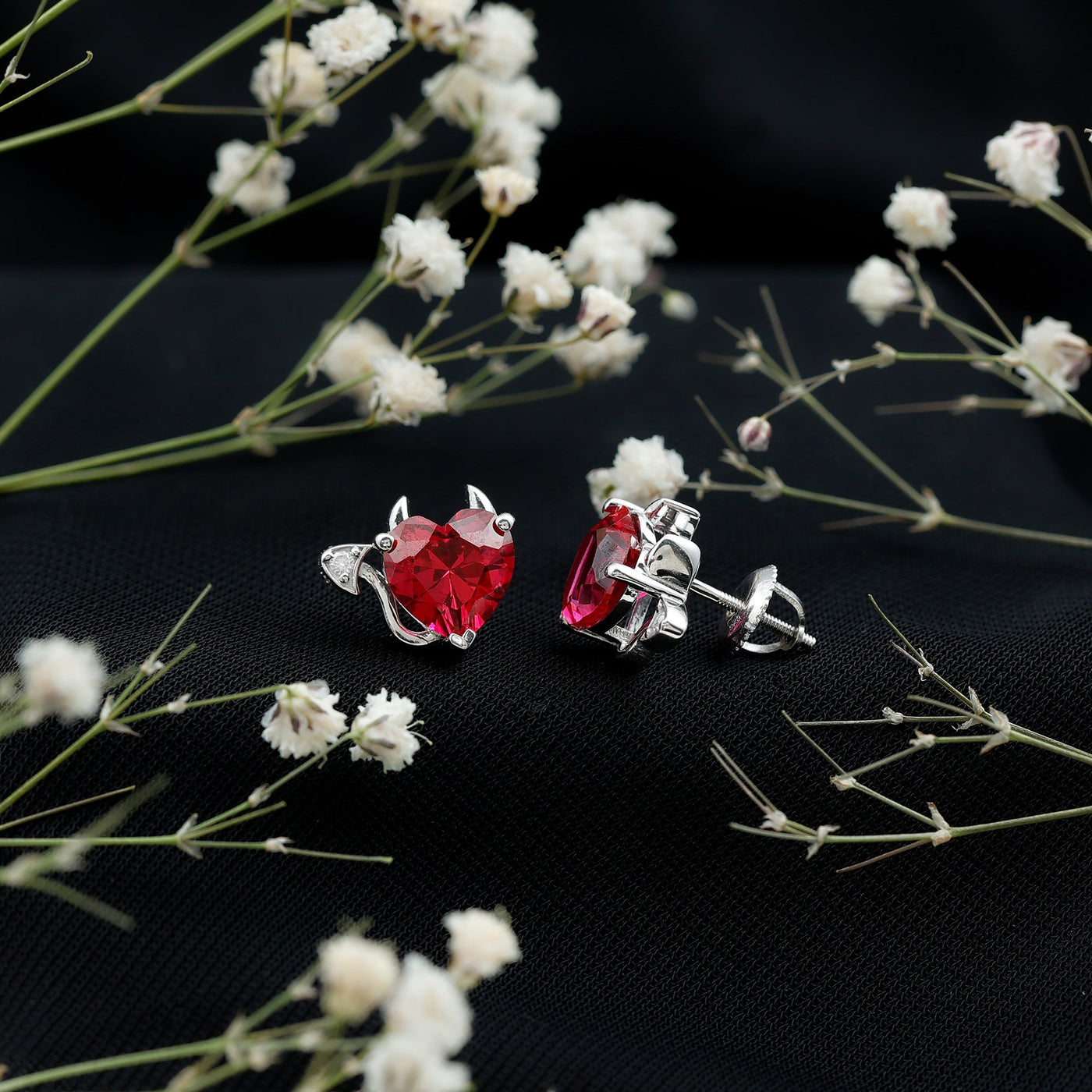 Certified Lab Grown Ruby Devil Heart Earrings Rosec Jewels